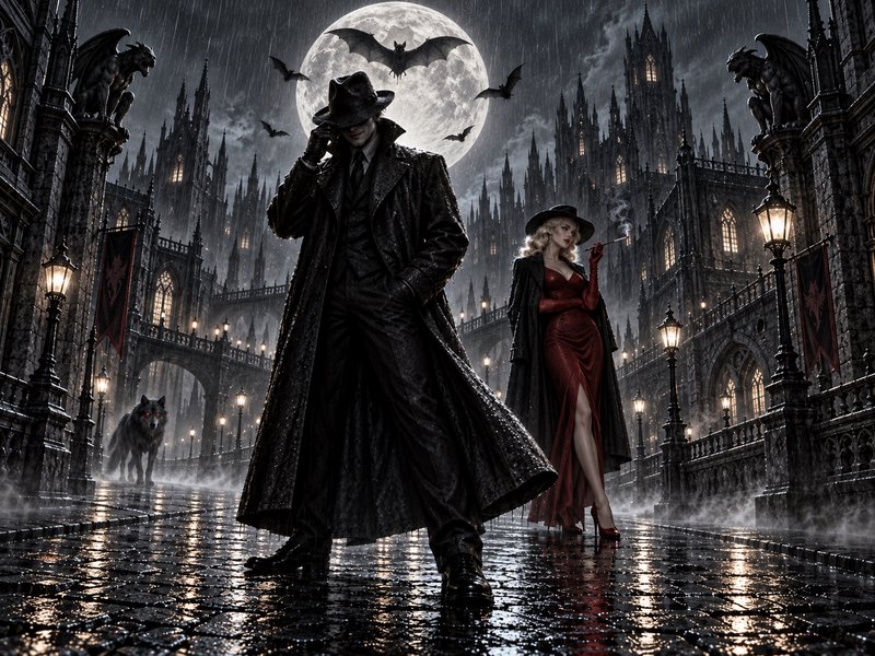 Fedora-wearing detective and elegant woman stand on rain-soaked cobblestones before a gothic vamp...