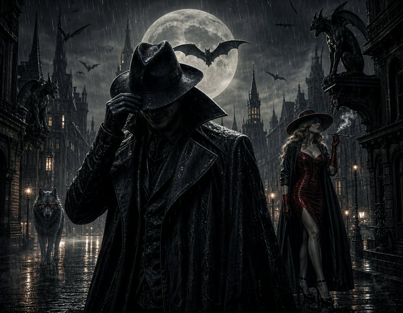 Shadowy noir detective tips wet fedora on rainy gothic city street, full moon, vampire companion,...