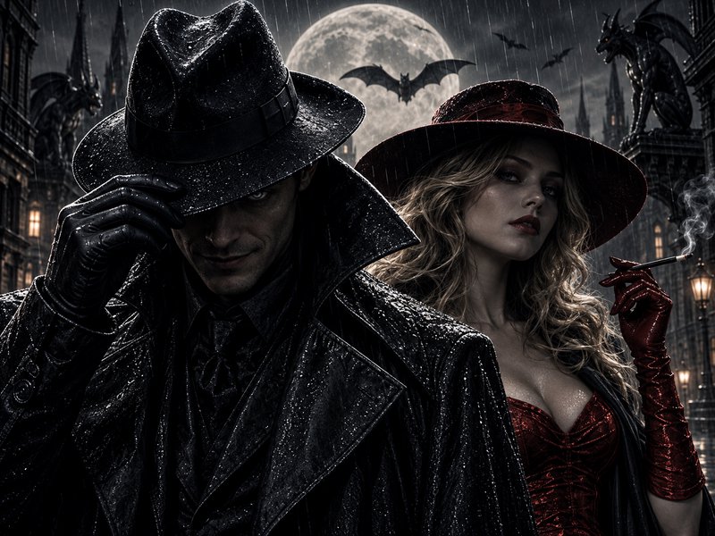 Noir detective couple stand in rainy gothic city under full moon, man tipping fedora, woman holdi...