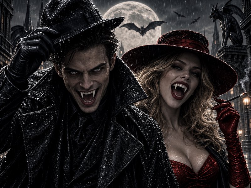 Stylish vampire couple baring fangs, standing on a rainy gothic city street under a glowing full ...