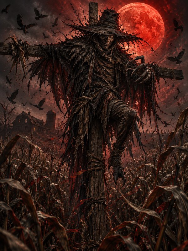 Sinister monstrous scarecrow on a wooden post in a cornfield under a glowing blood red moon, with...