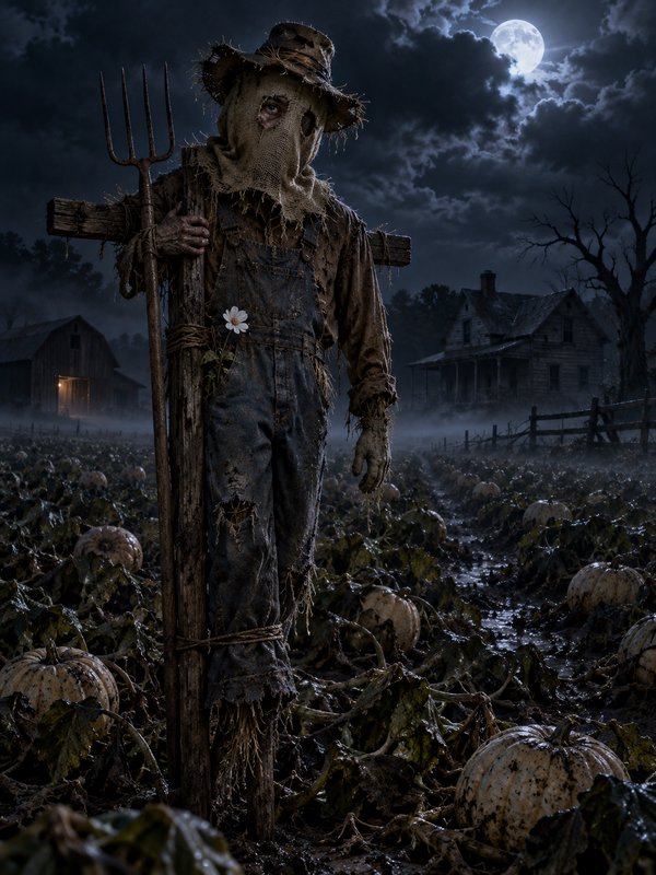 Eerie living scarecrow holding a pitchfork stands in a foggy moonlit pumpkin patch, abandoned far...