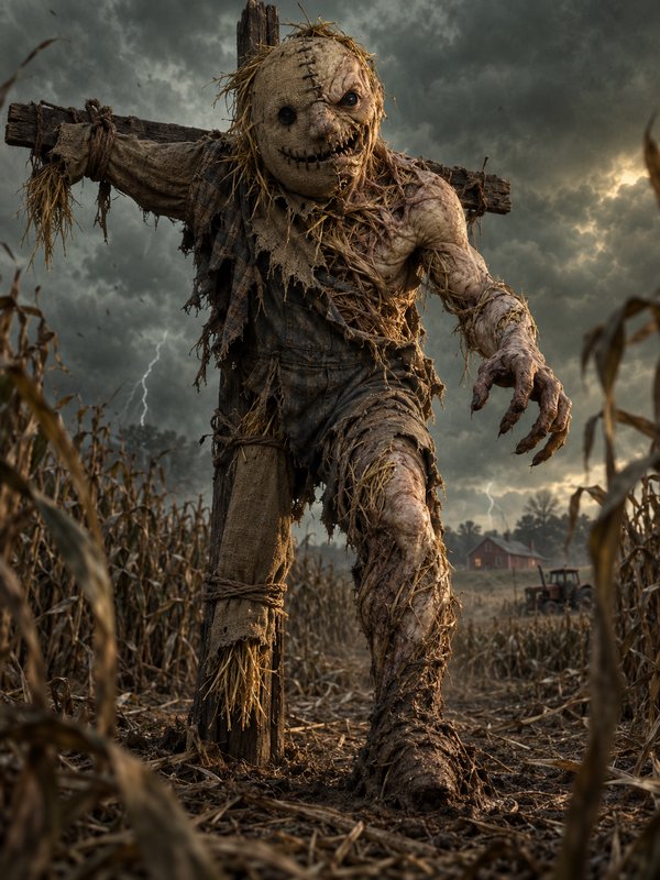 Menacing undead scarecrow pulls free from a wooden post standing in a stormy dead rural cornfield...