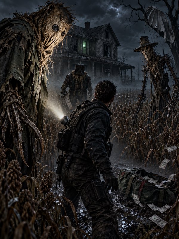 Man with a flashlight cornered by monstrous scarecrows in a dead cornfield before a haunted farmh...