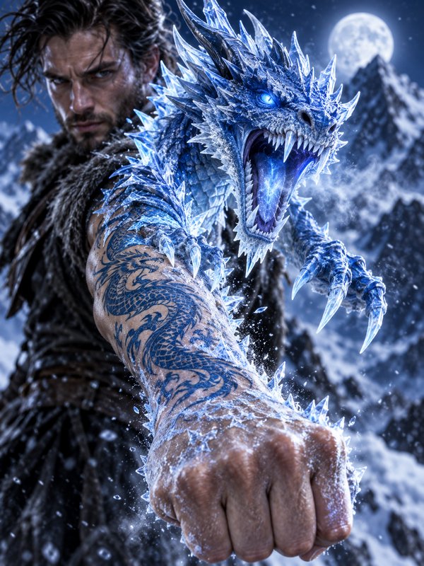 Rugged fantasy warrior with dragon tattoo summons a crystalline ice dragon from his arm, snowy mo...