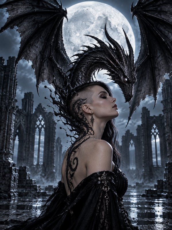 Tattooed gothic woman faces a dark winged black dragon under glowing full moon in crumbling gothi...