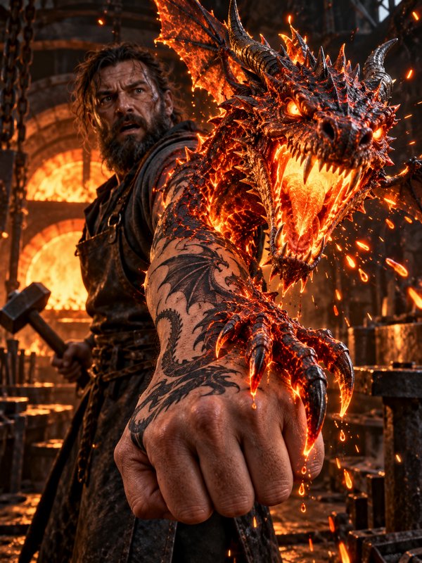 Rugged bearded blacksmith as a glowing fiery lava dragon erupts from his dragon-tattooed arm insi...