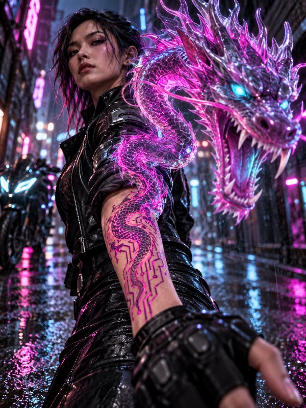 Cyberpunk woman with glowing pink crystalline dragon emerging from her arm tattoo on a rainy neon...