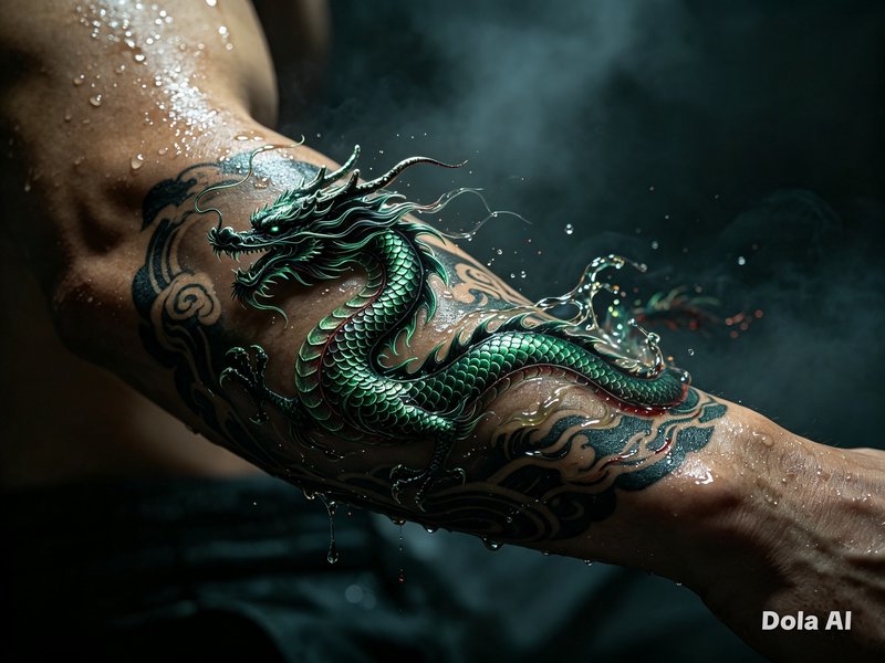 Hyper-realistic 3D emerald East Asian dragon tattoo on a sweat-glistening muscular outstretched arm