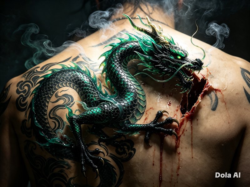 Surreal artwork of a glowing emerald Chinese dragon bursting from a bleeding, tattooed human back...