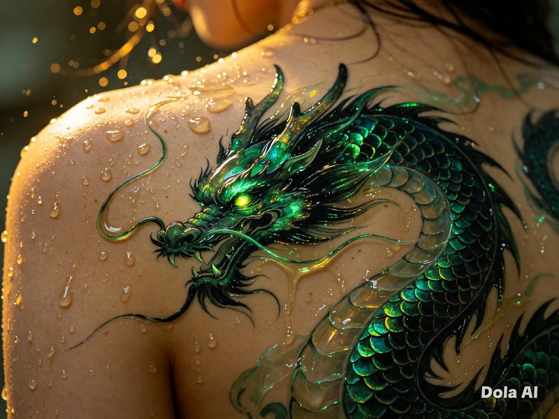 Close up of glowing emerald eastern dragon tattoo on sunlit, water-dappled human upper back and s...