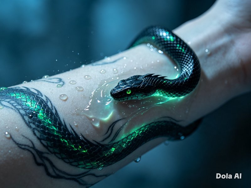 Surreal glowing black serpent with green eyes appearing to emerge from a matching snake tattoo on...