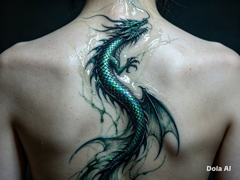 Close-up of a shimmering iridescent green dragon tattoo on glistening wet human upper back, dark ...