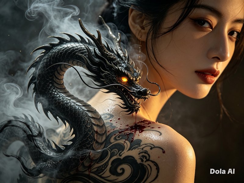 Close-up portrait of an East Asian woman with a glowing-eyed black Chinese dragon coiled on her t...