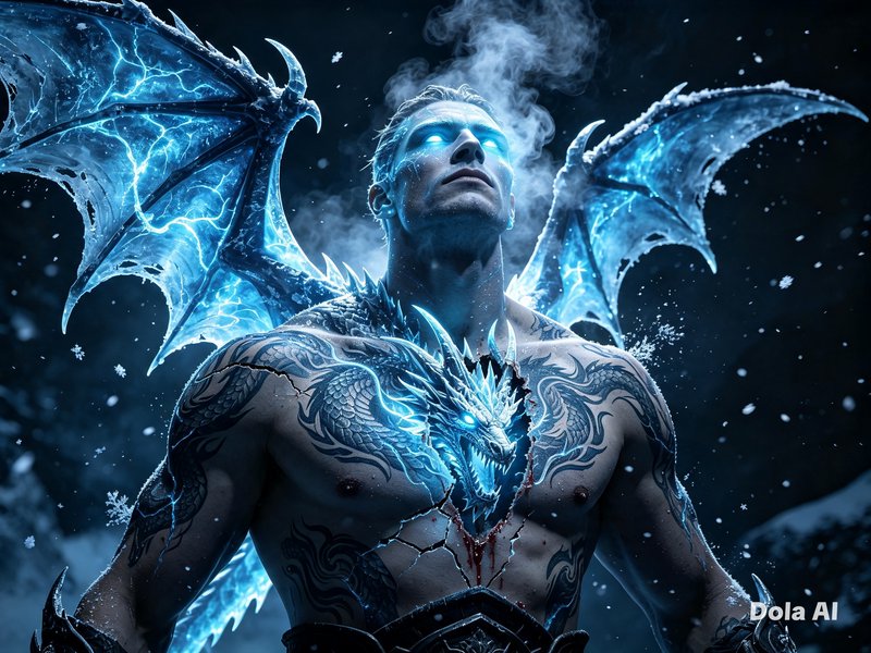 Muscular fantasy ice warrior with glowing blue eyes, crystalline dragon wings, and an ice dragon ...