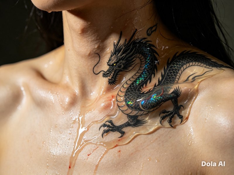 Close-up of detailed iridescent black eastern dragon tattoo on glistening wet neck and shoulder skin