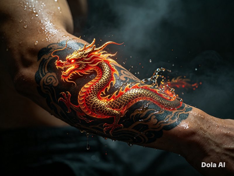 Close-up of a glowing fiery golden Chinese dragon tattoo on a sweat-slicked muscular forearm agai...