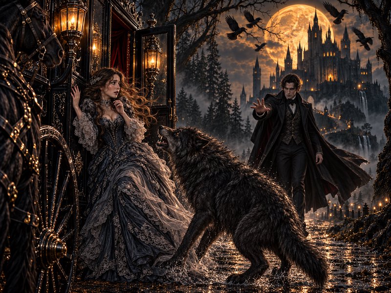 Tense gothic fantasy scene: frightened lady by ornate carriage, snarling werewolf, cloaked man re...