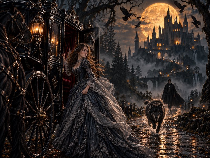 Gothic fantasy scene: A woman in an elaborate lace gown exits an ornate carriage, as a wolf, cloa...
