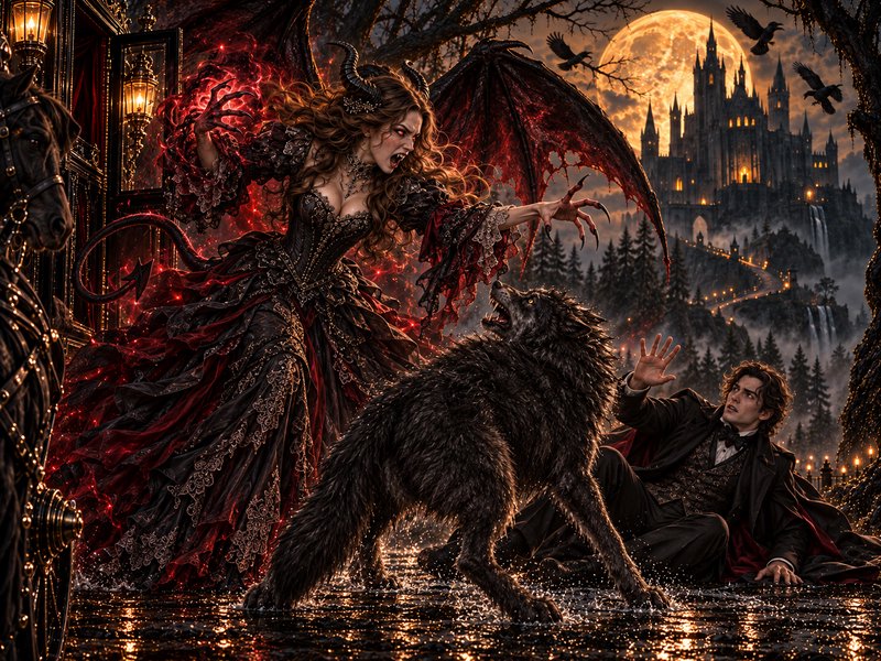 Enraged horned demoness with bat wings confronts a snarling werewolf protecting a startled Victor...