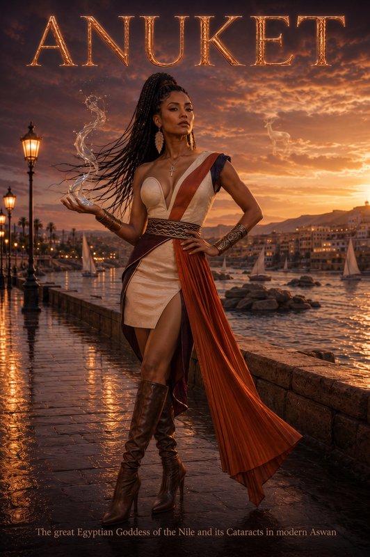 Poster of Egyptian Nile goddess Anuket holding magical water, standing on a lit Aswan waterfront ...