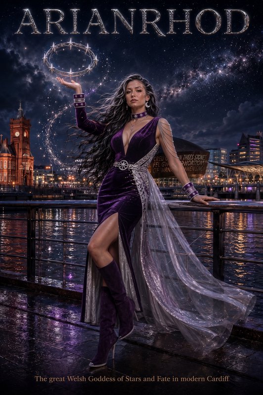 Fantasy book cover of Welsh star goddess Arianrhod standing on lit Cardiff Bay waterfront under a...