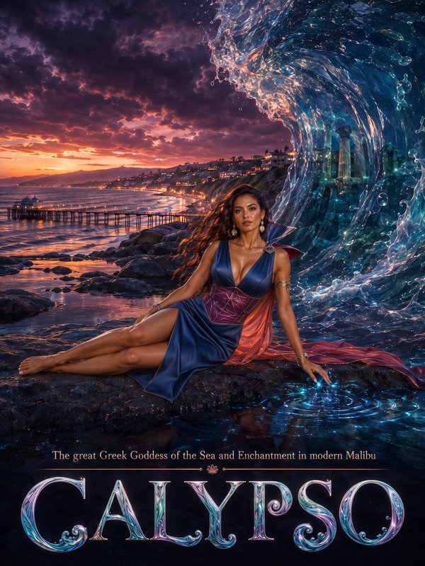 Calypso Greek sea goddess reclining on rocky Malibu shore, magical curling ocean wave at dramatic...