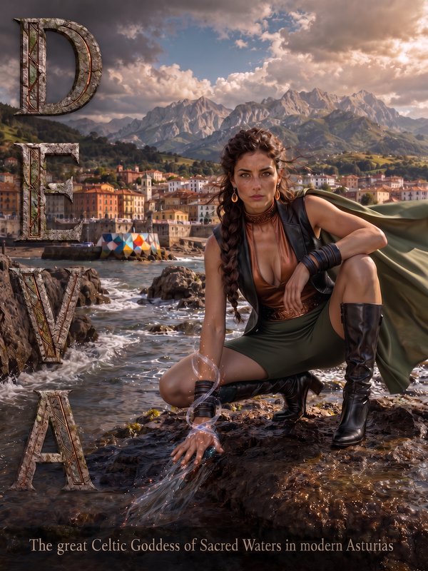 Fantasy book cover of Celtic water goddess Deva channeling magic on a rocky Asturias shore, coast...