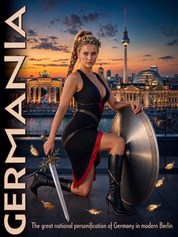 Warrior personification of Germania holding sword and shield, posed against the Berlin skyline at...