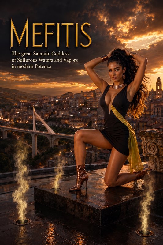 Fantasy book cover showing goddess Mefitis kneeling on a rooftop overlooking Potenza, Italy at dr...