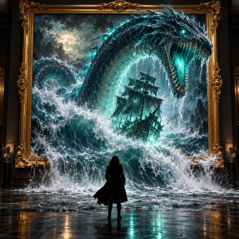 Silhouetted observer watches giant glowing sea serpent emerge from ornate framed painting floodin...