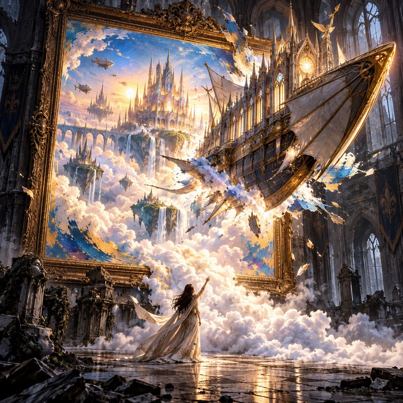 Woman in flowing embroidered gown reaches as a fantasy airship bursts from an ornate framed paint...