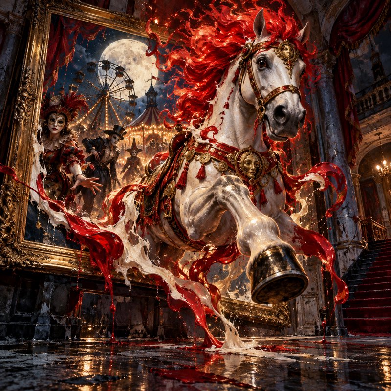 Ornate white horse with fiery red mane bursts from a gilded carnival painting into a decaying opu...