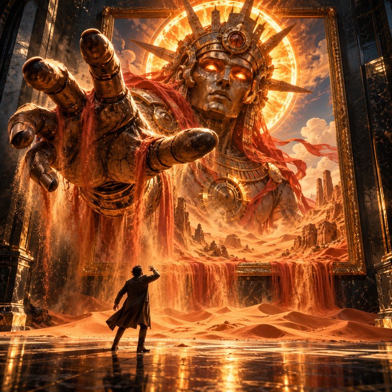 Giant metallic sun deity reaches out from a gilded portal frame toward a lone gesturing human in ...