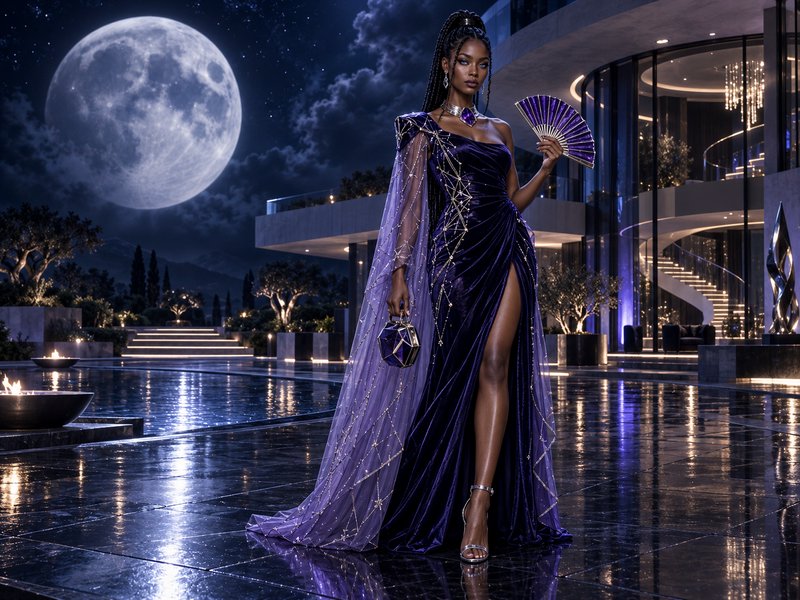 Elegant woman in deep purple couture gown stands on a luxury mansion patio under a large glowing ...