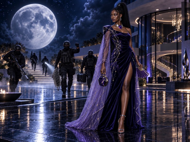 Regal woman in purple velvet gown stands outside luxury villa, armed tactical team approaching un...