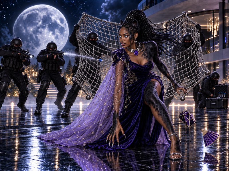 Fantasy panther goddess in purple velvet gown evades armed tactical operatives attempting to net ...