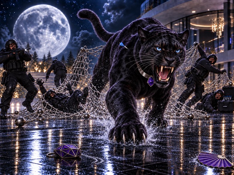 Roaring giant black panther breaks free of a weighted capture net as armed tactical officers reac...