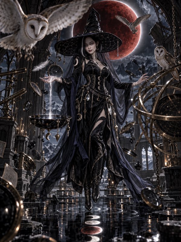 Gothic celestial witch in an ornate black hat conjures magic, surrounded by barn owls, astronomy ...