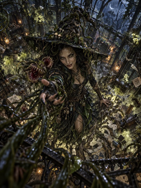 Mysterious hedge witch reaches toward the viewer, wearing a mossy mushroom hat, surrounded by car...