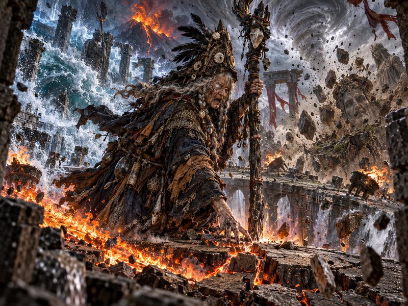 Elderly mythic shaman grips a carved staff amid apocalyptic destruction, erupting volcano, raging...
