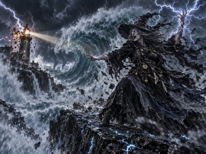 Menacing storm witch conjures lightning and giant tidal waves as a cliffside lighthouse is damage...