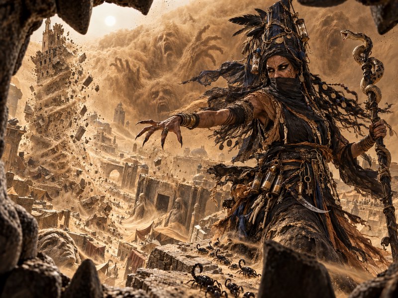 Menacing desert sorceress conjures an apocalyptic sand storm tearing through a crumbling ancient city, holding a coiled