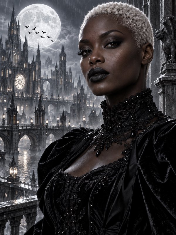 Regal Black gothic woman in an ornate black gown stands before a moonlit rainy gothic castle