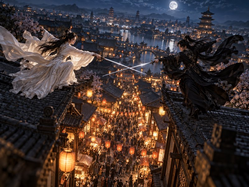 Two robed warriors cross swords on opposing rooftops above a lantern-lit ancient Chinese city under a full moon