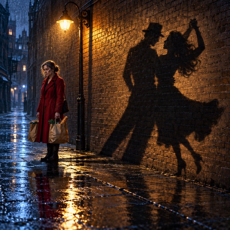 Somber woman carrying grocery bags stands in a rainy lamplit alley next to shadows of a dancing couple
