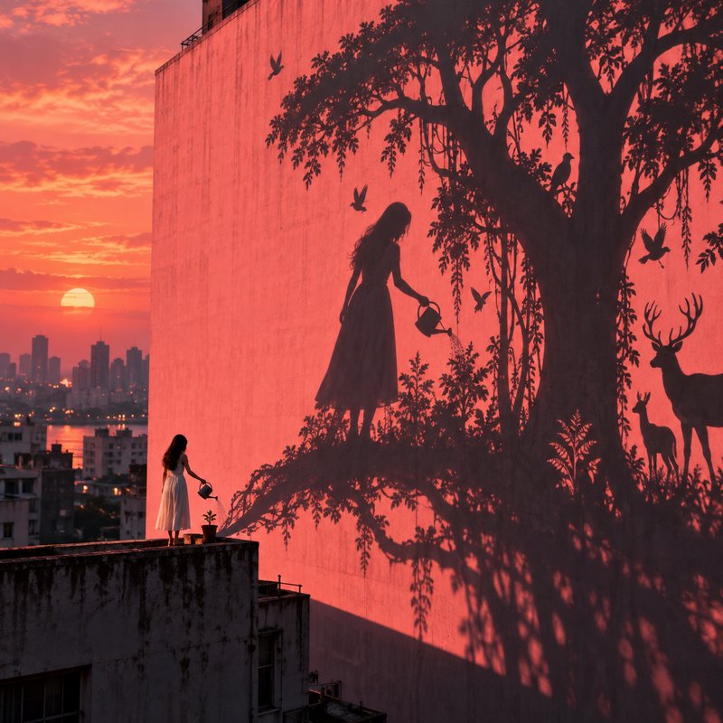 Woman watering a rooftop plant casts an elaborate nature-themed shadow on a building wall at pink sunset