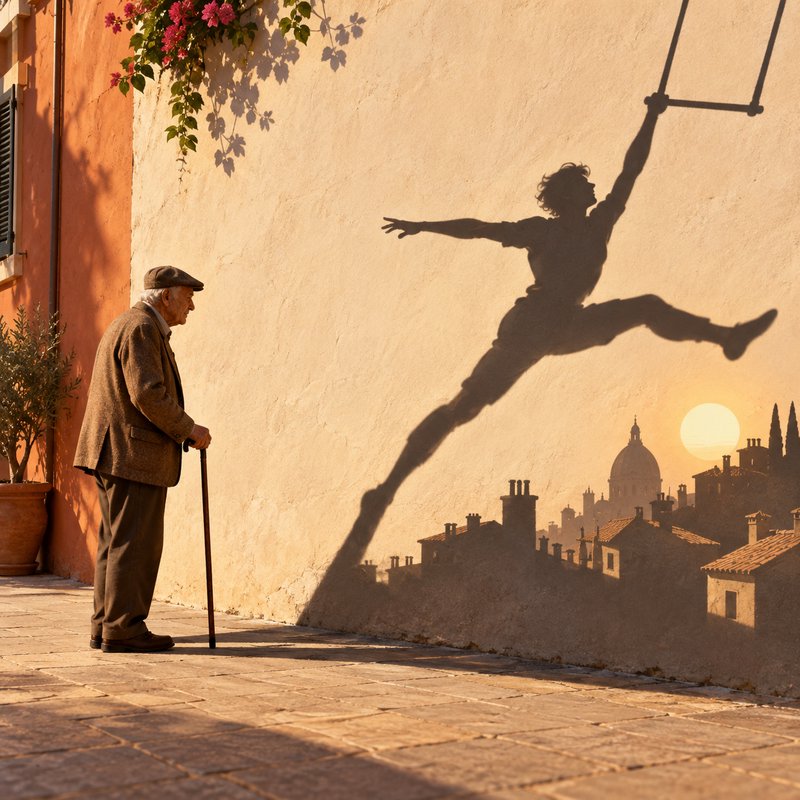 Elderly man with a cane observes his surprising shadow of a leaping young acrobat on a sunlit plaster wall