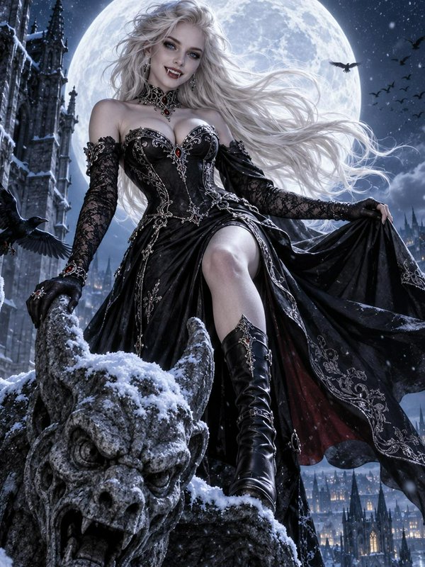 Platinum blonde vampire stands atop a snow-covered gargoyle beneath a massive glowing full moon