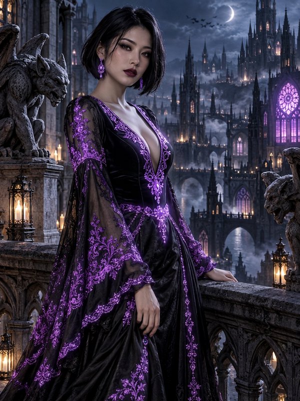 Regal gothic woman in black and purple embroidered gown stands on a gargoyle lined castle balcony at moonlit night
